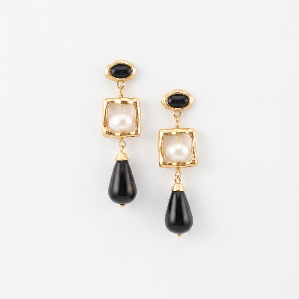 Black Agate & Pearl Drop Earrings