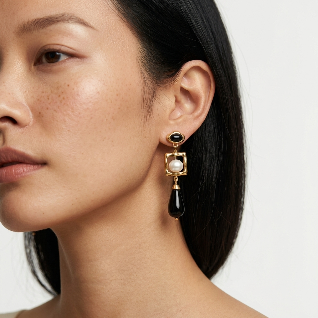 Black Agate & Pearl Drop Earrings
