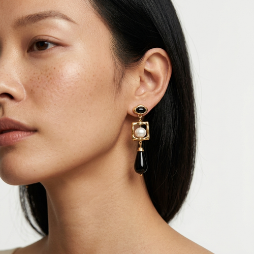 Black Agate & Pearl Drop Earrings