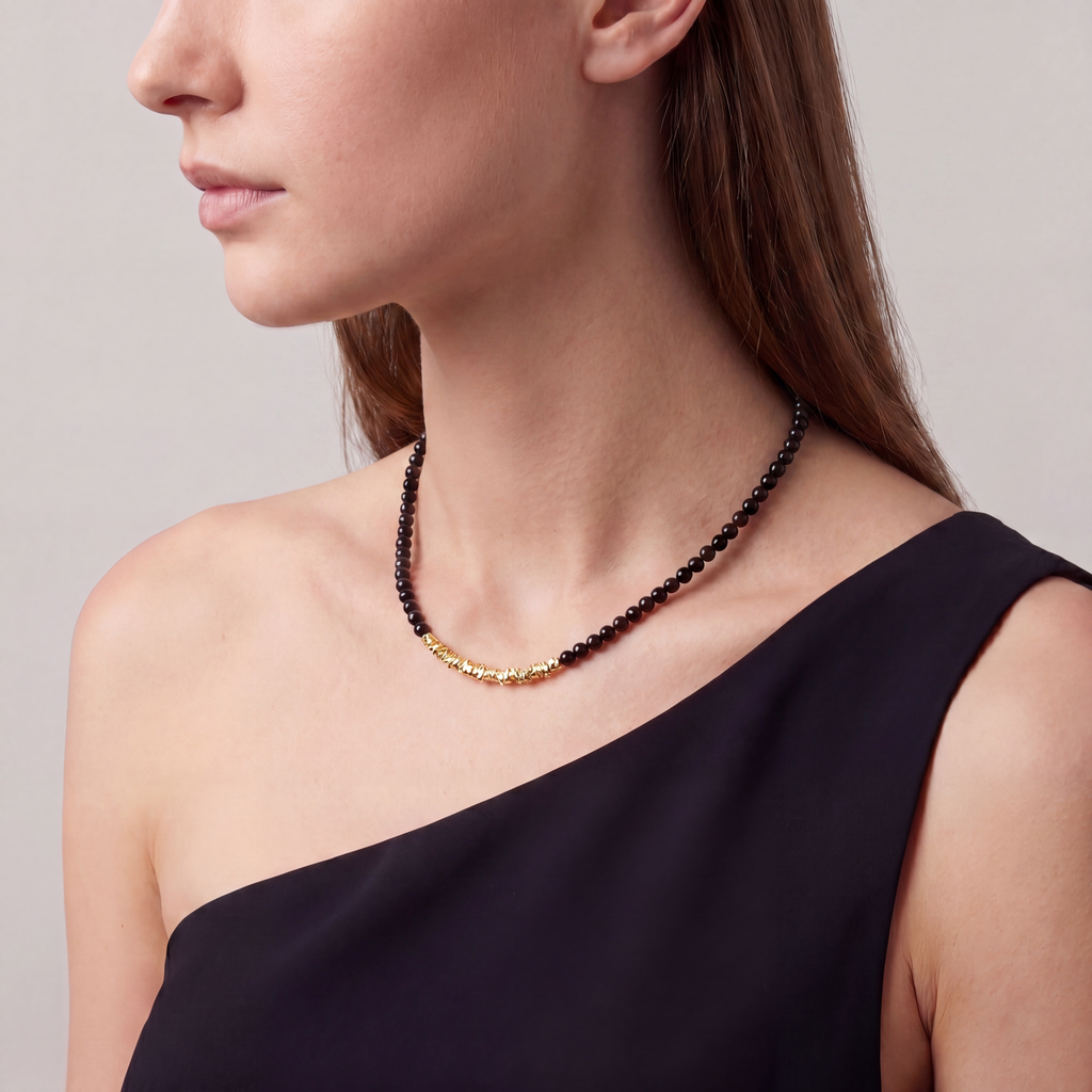 Gold Black Agate Beaded Necklace