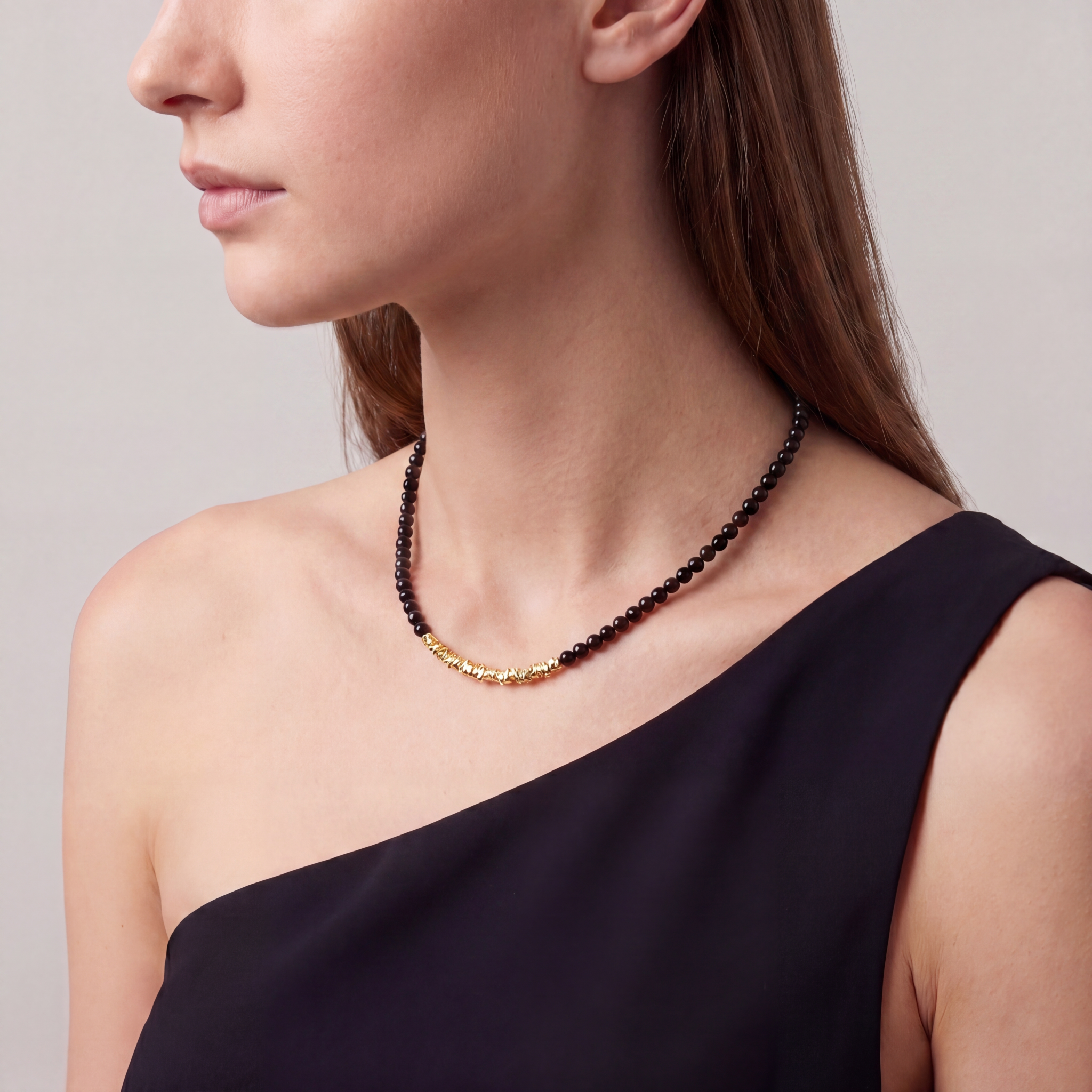 Gold Black Agate Beaded Necklace