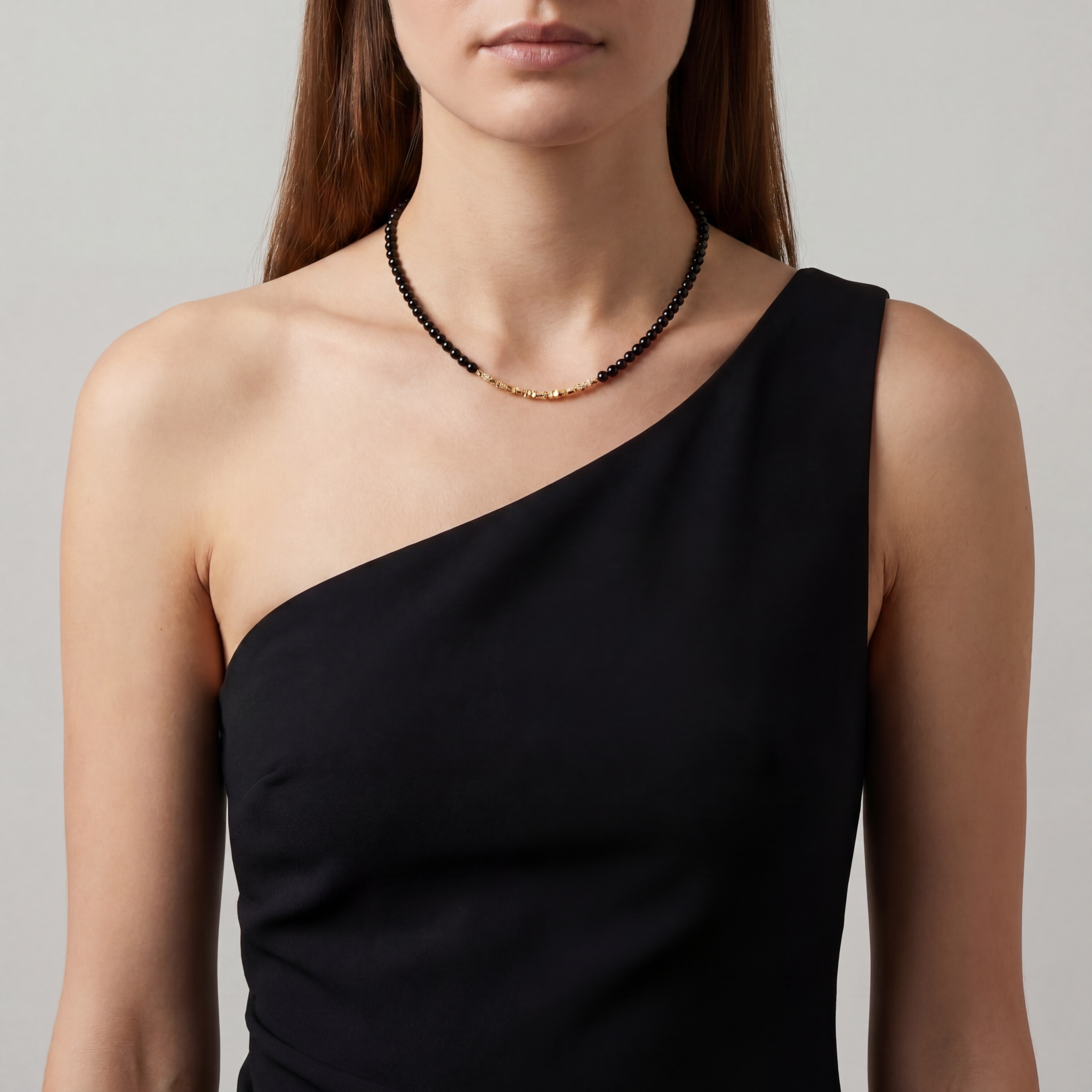 Gold Black Agate Beaded Necklace