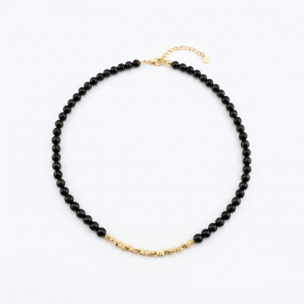 Gold Black Agate Beaded Necklace