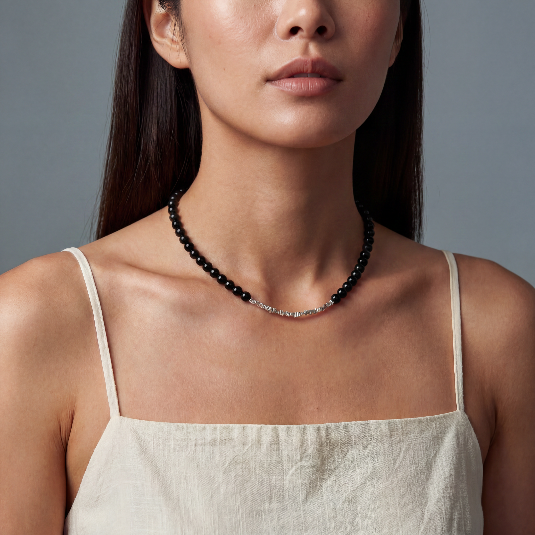 Silver Black Agate Beaded Necklace