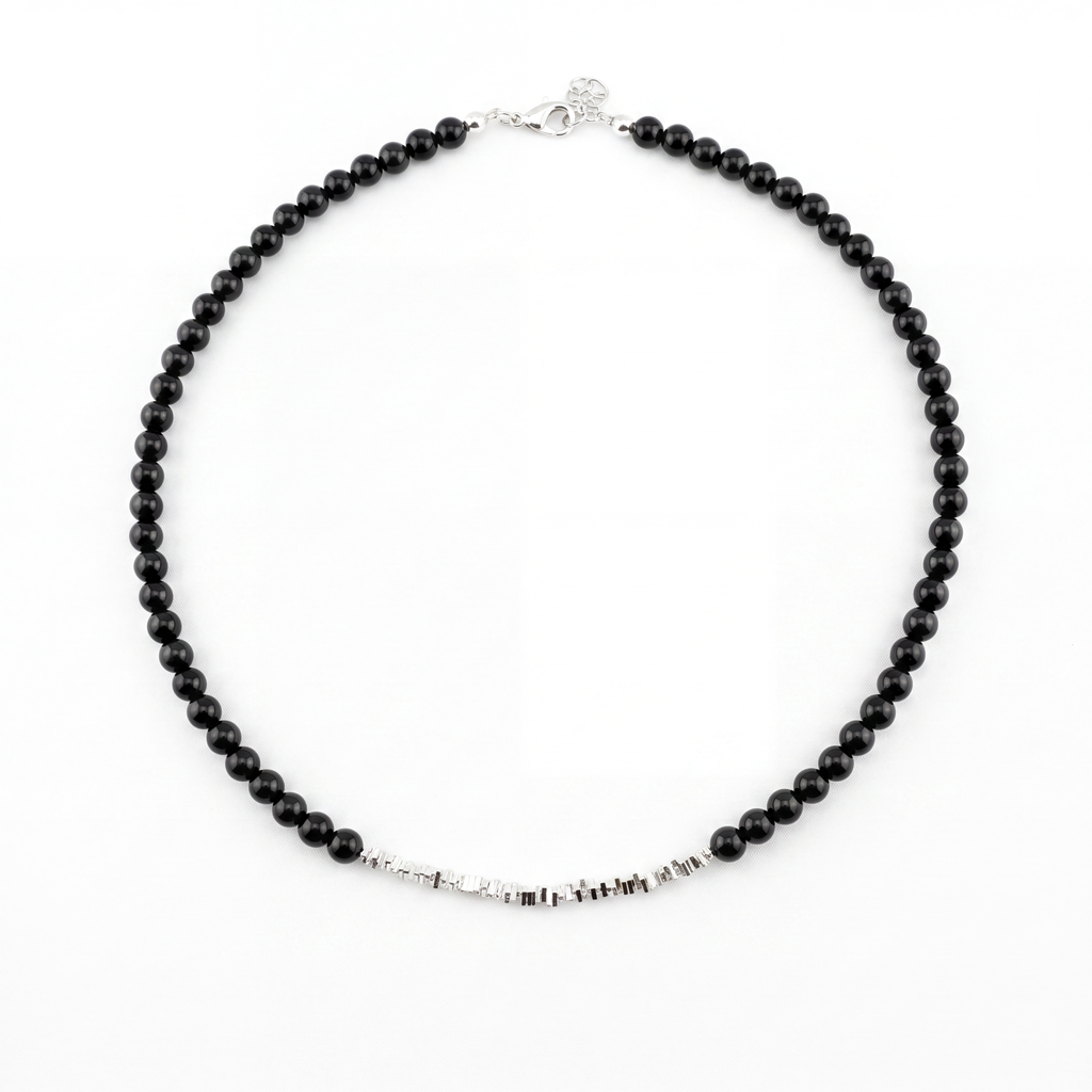 Silver Black Agate Beaded Necklace