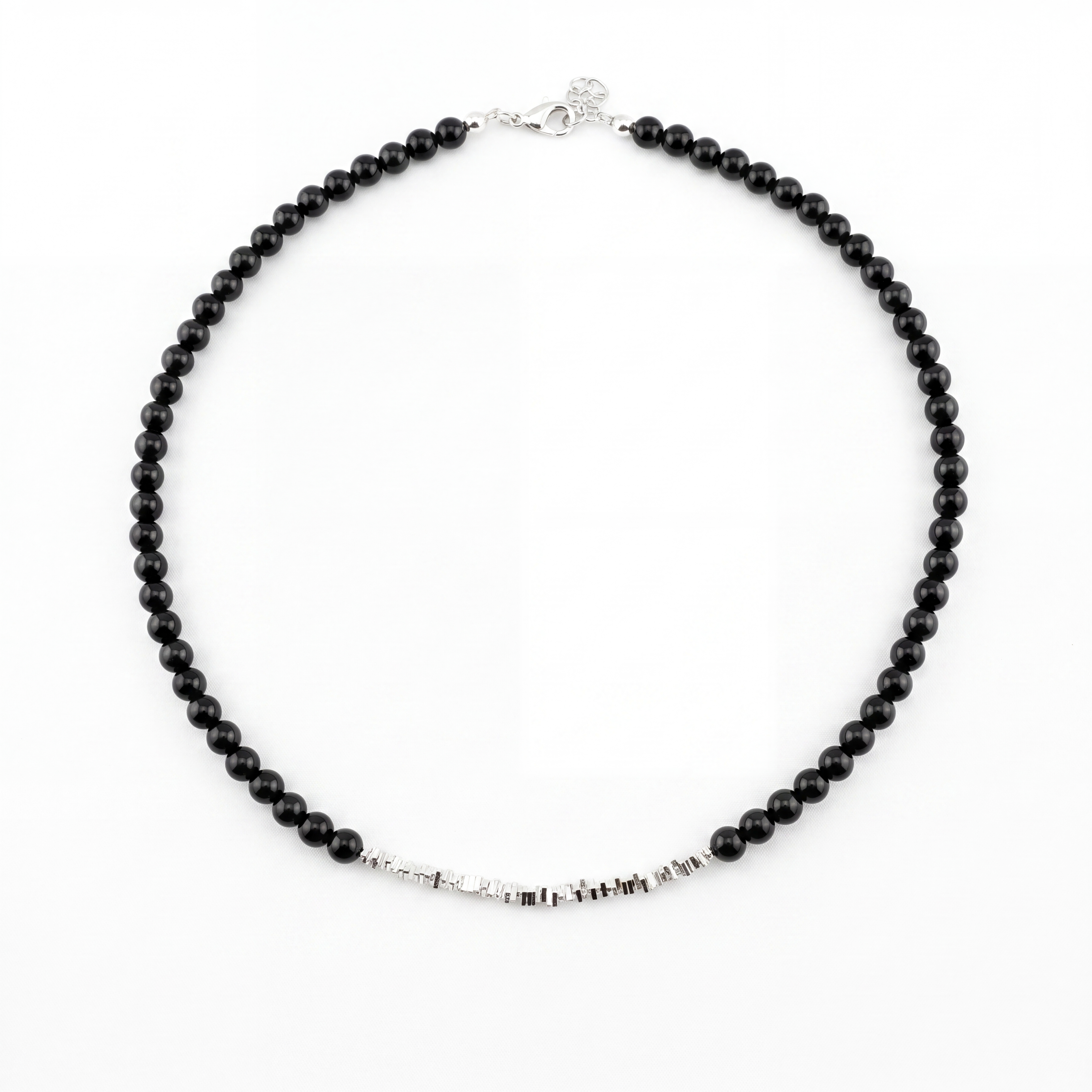 Silver Black Agate Beaded Necklace